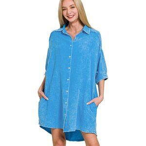 Zenana Deep Sky Blue Acid-Washed Double Gauze Button Down Pockets Shirt Dress‎